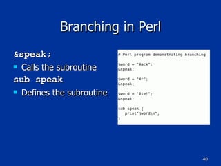Branching in Perl &speak; Calls the subroutine sub speak Defines the subroutine 