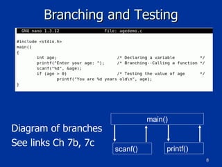 Branching and Testing Diagram of branches See links Ch 7b, 7c main() printf() scanf() 