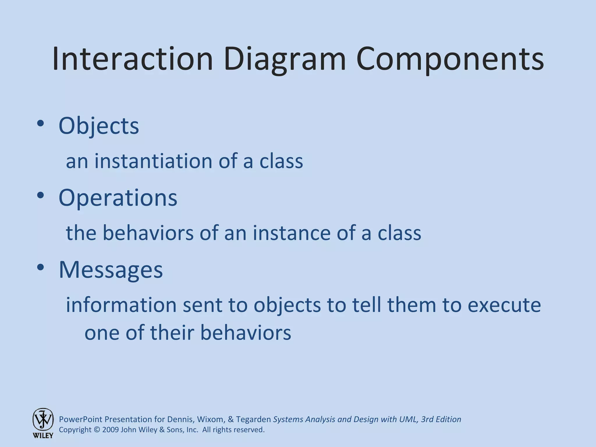 Interaction Diagram Components Objects an instantiation of a class Operations the behaviors of an instance of a class Messages information sent to objects to tell them to execute one of their behaviors 