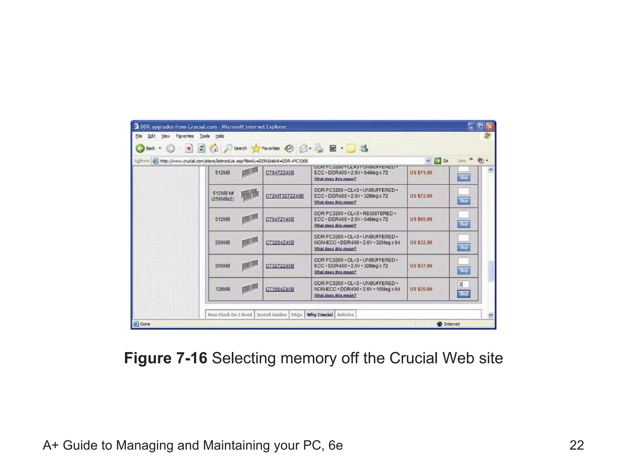 Figure 7-16  Selecting memory off the Crucial Web site 