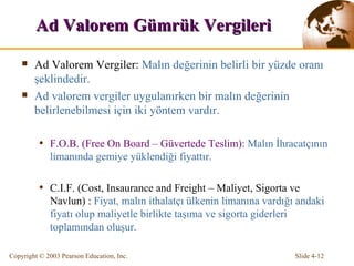Ad Valorem  Gümrük  Vergiler i Ad Valorem Vergiler:  Malın değerinin belirli bir yüzde oranı şeklindedir. Ad valorem vergiler uygulanırken bir malın değerinin belirlenebilmesi için iki yöntem vardır. F.O.B. (Free On Board – Güvertede Teslim):   Malın İhracatçının limanında gemiye yüklendiği fiyattır. C.I.F. (Cost, Insaurance and Freight – Maliyet, Sigorta ve Navlun) :  Fiyat, malın ithalatçı ülkenin limanına vardığı andaki fiyatı olup maliyetle birlikte taşıma ve sigorta giderleri toplamından oluşur. 