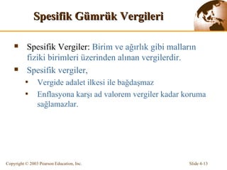 Spesifik Gümrük Vergileri Spesifik Vergiler:  Birim ve ağırlık gibi malların fiziki birimleri üzerinden alınan vergilerdir. Spesifik vergiler,  Vergide adalet ilkesi ile bağdaşmaz Enflasyona karşı ad valorem vergiler kadar koruma sağlamazlar. 