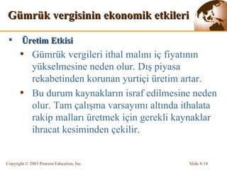 Gümrük vergisinin ekonomik etkileri Üretim Etkisi Gümrük vergileri ithal malını i ç  fiyatının yükselmesine neden olur. Dış piyasa rekabetinden korunan yurtiçi üretim artar. Bu durum kaynakların israf edilmesine neden olur. Tam çalışma varsayımı altında ithalata rakip malları üretmek için gerekli kaynaklar ihracat kesiminden çekilir. 