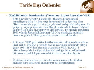 T arife D ı ş ı   Önlemler Gönüllü İhracat Kısıtlamaları  (Voluntary Export Restraints-VER) Kota türevi bir araçtır.  Genellikle, ithalatçı durumundaki  sanayileşmiş  ülke ile, ihracatçı durumundaki  gelişmekte olan  ülkeler arasında yapılan iki veya çok yanlı anlaşmalara dayanır.  Az gelişmiş  veya gelişmekte olan  ülke ihracatı na  kota koyar , böylece gelişmiş ülke kota uygulamıyor gibi görülür .  En bilinen uygulama 1981 yılında Japon hükümetinin ABD’ye yapılacak otomobil ihracatını yılda 1.68 milyon adet ile sınırlandırılmasıdır. Kota veya VER gibi miktar kısıtlamalarına ilişkin araçların etkisi ithal malın,  ithalatçı piyasada fiyatının artması biçiminde ortaya çıkar. 1981-85 yılları arasında uygulanan VER’in ABD’li tüketicilere yılda 1 milyar dolara mal olduğu hesap edilmektedir. Söz konusu bedel Japon otomobil üreticilerine aktarılmıştır. Üreticilerin kotalarla arzın sınırlanması sonucu elde ettikleri fazladan kara kota rantı (quota rent) adı verilmektedir.  