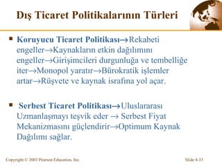 Dış Ticaret Politikalarının Türleri Koruyucu Ticaret Politikası  Rekabeti engeller  Kaynakların etkin dağılımını engeller  Girişimcileri durgunluğa ve tembelliğe iter  Monopol yaratır  Bürokratik işlemler artar  Rüşvete ve kaynak israfına yol açar. Serbest Ticaret Politikası  Uluslararası Uzmanlaşma yı teşvik eder    Serbest Fiyat Mekanizması nı güçlendirir  Optimum Kaynak Dağılımı  sağlar. 