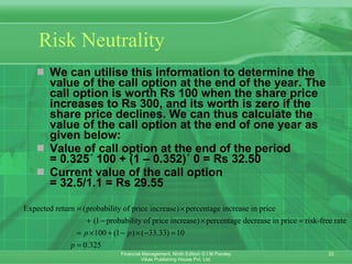 Risk Neutrality We can utilise this information to determine the value of the call option at the end of the year. The call option is worth Rs 100 when the share price increases to Rs 300, and its worth is zero if the share price declines. We can thus calculate the value of the call option at the end of one year as given below: Value of call option at the end of the period  = 0.325´ 100 + (1 – 0.352)´ 0 = Rs 32.50 Current value of the call option  = 32.5/1.1 = Rs 29.55 