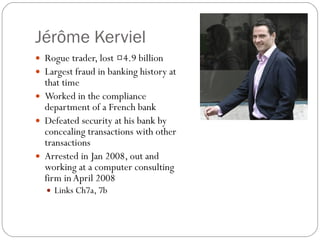 Jérôme Kerviel Rogue trader, lost €4.9 billion Largest fraud in banking history at that time Worked in the compliance department of a French bank Defeated security at his bank by concealing transactions with other transactions Arrested in Jan 2008, out and working at a computer consulting firm in April 2008 Links Ch7a, 7b 