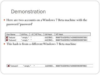 Demonstration Here are two accounts on a Windows 7 Beta machine with the password 'password' This hash is from a different Windows 7 Beta machine 
