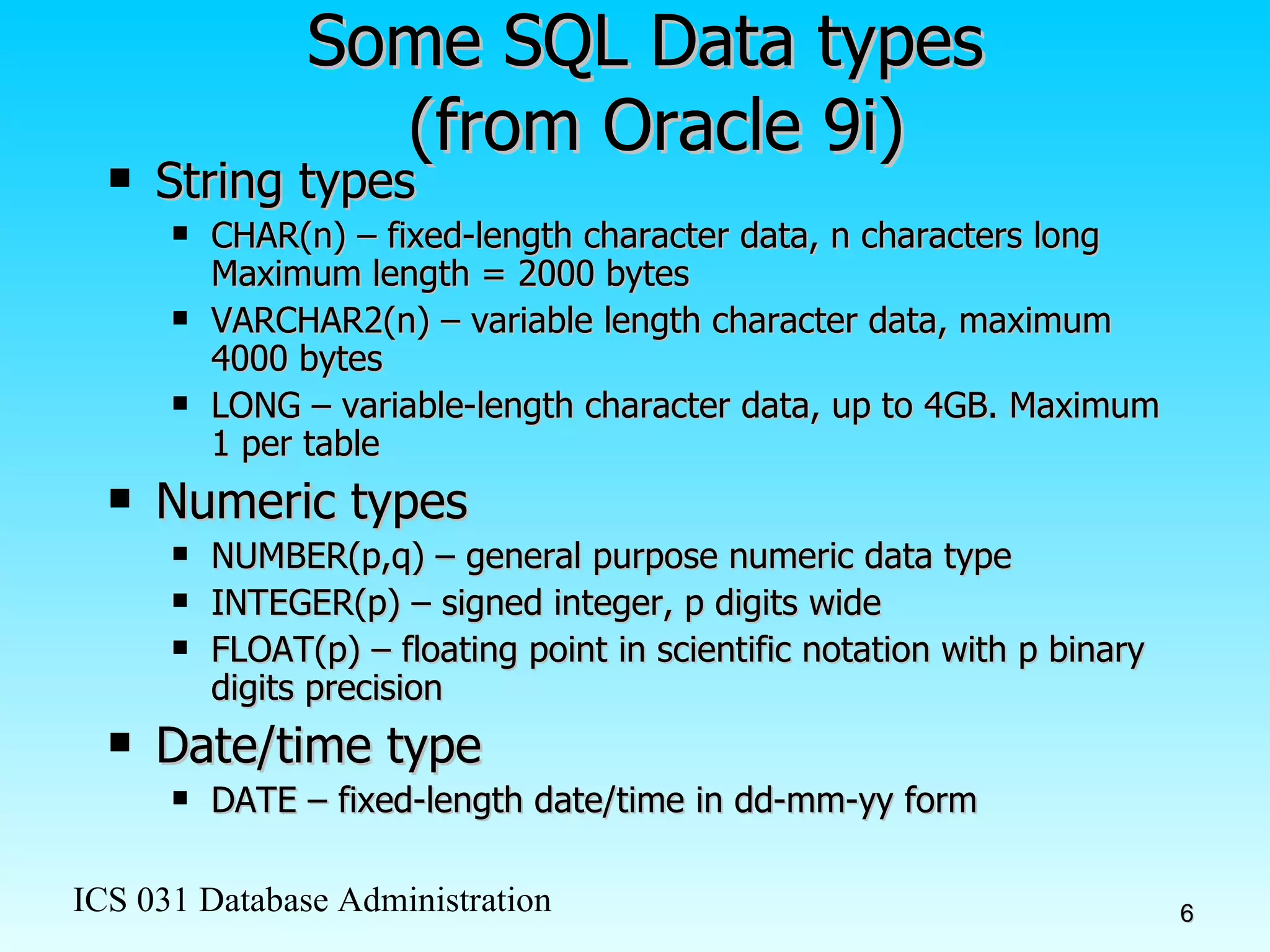 Some SQL Data types  (from Oracle 9i) String types CHAR(n) – fixed-length character data, n characters long Maximum length = 2000 bytes VARCHAR2(n) – variable length character data, maximum 4000 bytes LONG – variable-length character data, up to 4GB. Maximum 1 per table Numeric types NUMBER(p,q) – general purpose numeric data type INTEGER(p) – signed integer, p digits wide FLOAT(p) – floating point in scientific notation with p binary digits precision Date/time type DATE – fixed-length date/time in dd-mm-yy form 