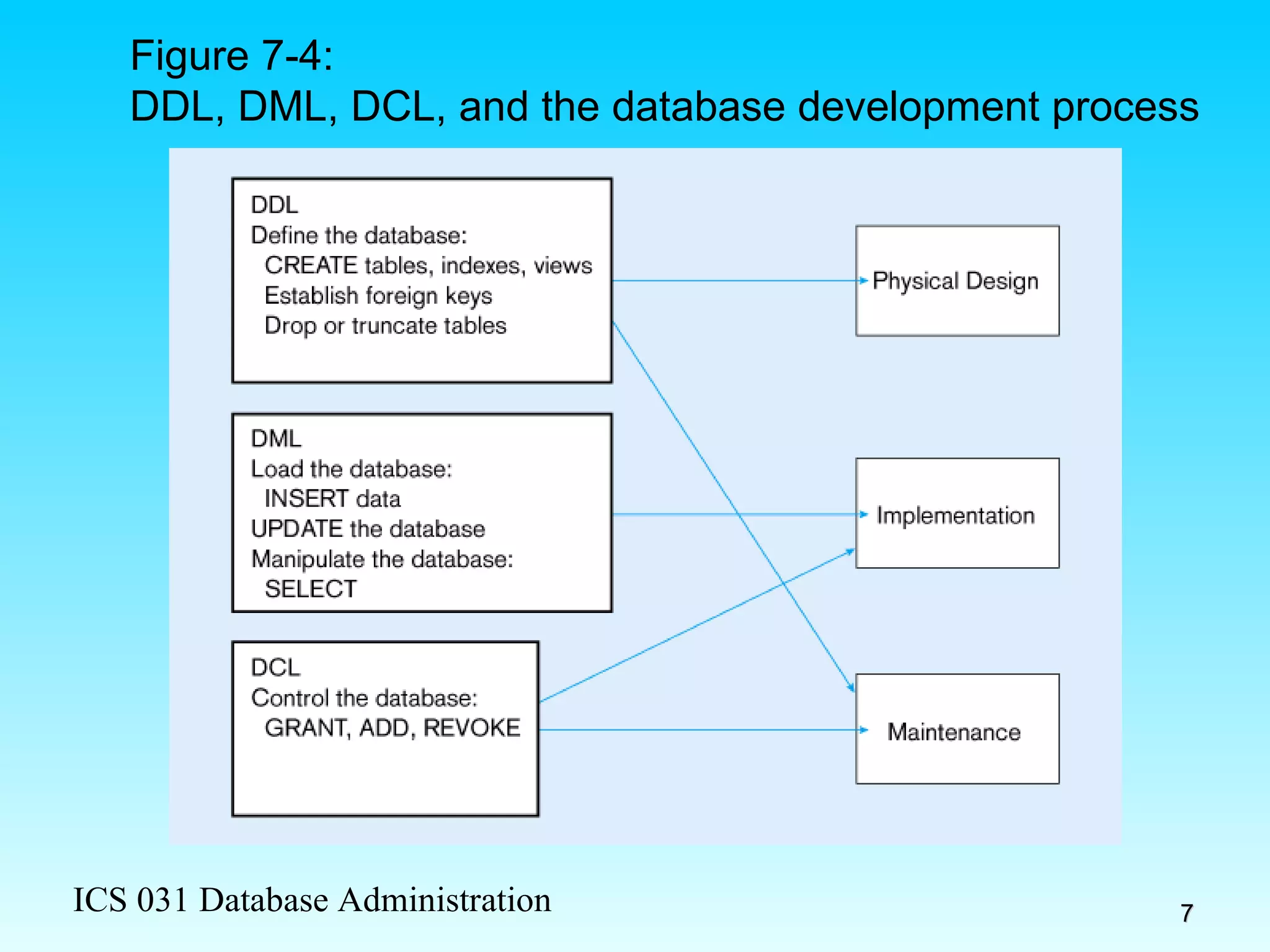 Figure 7-4:  DDL, DML, DCL, and the database development process 