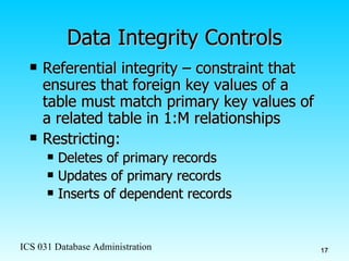 Data Integrity Controls Referential integrity – constraint that ensures that foreign key values of a table must match primary key values of a related table in 1:M relationships Restricting: Deletes of primary records Updates of primary records Inserts of dependent records 