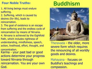 Buddhism Four Noble Truths: 1. All living beings must endure suffering. 2. Suffering, which is caused by desires (for life), leads to reincarnation. 3. The goal of existence is an escape from suffering and the endless cycle of reincarnation by means of Nirvana. 4. Nirvana is achieved by the Eightfold Path, which includes rightness of understanding, mindfulness, speech, action, livelihood, effort, thought, and concentration.   Theravada   - the older, more severe form which requires the renouncing of all worldly goods and desires. Mahayana -  focuses on Buddha’s teachings and compassion. Karma - your past bad or good actions determine your progress toward Nirvana through reincarnation. You are your own God. 