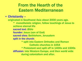 From the Hearth of the  Eastern Mediterranean Christianity – originated in Southwest Asia about 2000 years ago.  *  monotheistic religion, follow teachings of Jesus to achieve eternal life sacred text:  Bible founder:  Jesus (son of God) sacred sites:  Bethlehem, Jerusalem split in the church:  * split into Eastern Orthodox and Roman Catholic churches in 1054  * Protestant sect split off in 1400s and 1500s diffusion:  into Western Europe, and then world wide during colonialism and after. 