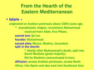 From the Hearth of the  Eastern Mediterranean Islam – originated on Arabian peninsula about 1500 years ago.  *  monotheistic religion, revelations Muhammad received from Allah, Five Pillars. sacred text:  Qu’ran founder:  Muhammad sacred sites:  Mecca, Medina, Jerusalem split in the church: * shortly after Muhammad’s death, split into  Sunni Muslims (great majority) Shi’ite Muslims (concentrated in Iran) diffusion:  across Arabian peninsula, across North Africa, into Spain and also east into Southeast Asia 