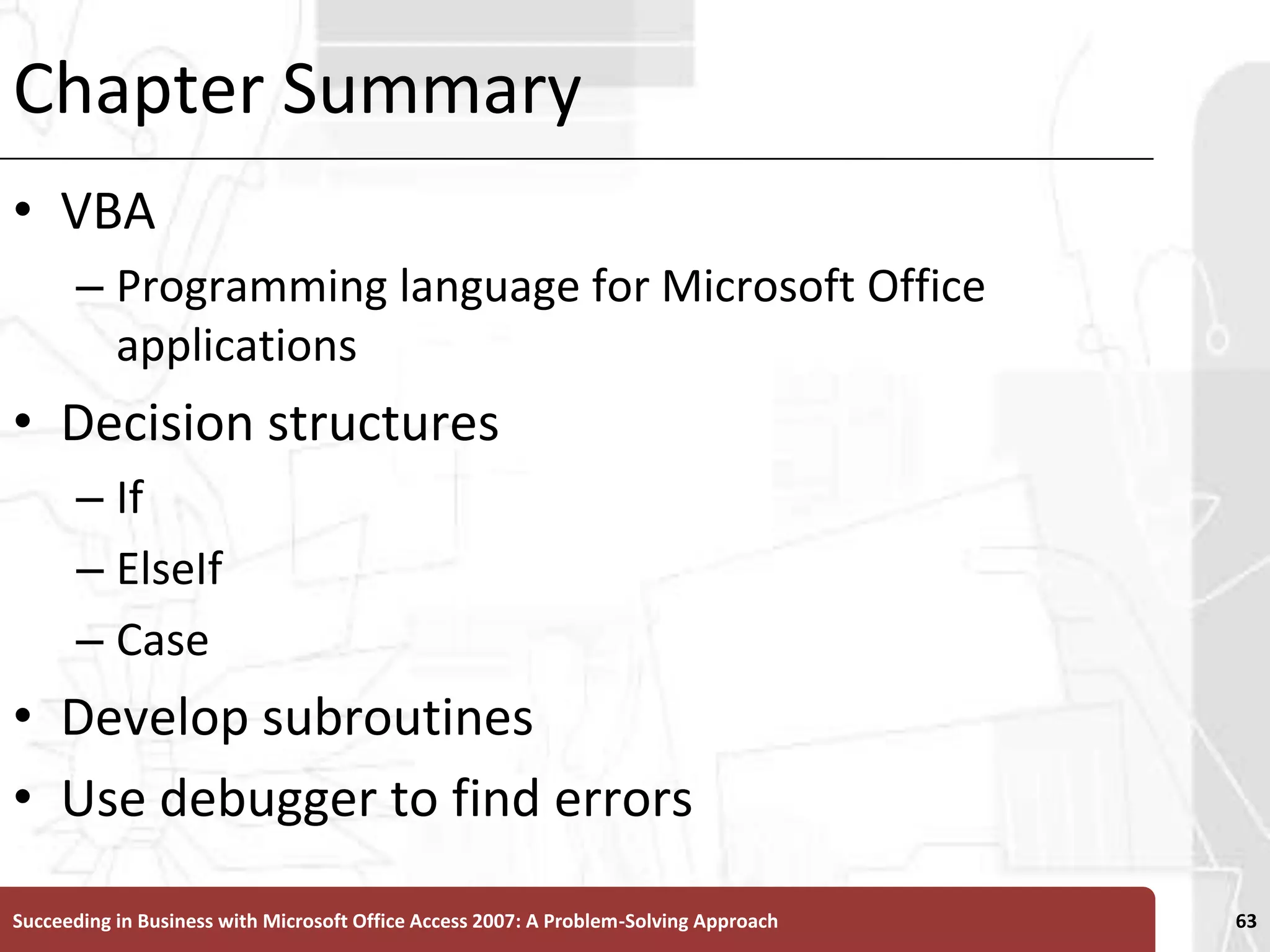 Chapter SummaryVBAProgramming language for Microsoft Office applicationsDecision structuresIfElseIfCaseDevelop subroutinesUse debugger to find errorsSucceeding in Business with Microsoft Office Access 2007: A Problem-Solving Approach 63