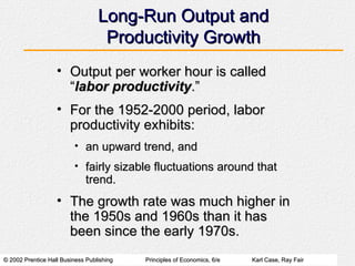 Long-Run Output and Productivity Growth Output per worker hour is called “ labor productivity .” For the 1952-2000 period, labor productivity exhibits: an upward trend, and fairly sizable fluctuations around that trend. The growth rate was much higher in the 1950s and 1960s than it has been since the early 1970s. 