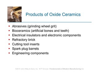 Products of Oxide Ceramics Abrasives (grinding wheel grit) Bioceramics (artificial bones and teeth) Electrical insulators and electronic components Refractory brick Cutting tool inserts  Spark plug barrels Engineering components  