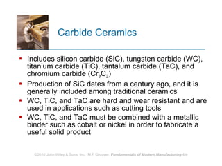 Carbide Ceramics Includes silicon carbide (SiC), tungsten carbide (WC), titanium carbide (TiC), tantalum carbide (TaC), and chromium carbide (Cr 3 C 2 )  Production of SiC dates from a century ago, and it is generally included among traditional ceramics WC, TiC, and TaC are hard and wear resistant and are used in applications such as cutting tools WC, TiC, and TaC must be combined with a metallic binder such as cobalt or nickel in order to fabricate a useful solid product  
