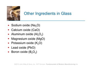 Other Ingredients in Glass Sodium oxide (Na 2 O) Calcium oxide (CaO) Aluminum oxide (Al 2 O 3 ) Magnesium oxide (MgO) Potassium oxide (K 2 O) Lead oxide (PbO) Boron oxide (B 2 O 3 )  