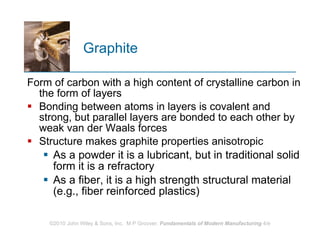 Graphite Form of carbon with a high content of crystalline carbon in the form of layers Bonding between atoms in layers is covalent and strong, but parallel layers are bonded to each other by weak van der Waals forces Structure makes graphite properties anisotropic  As a powder it is a lubricant, but in traditional solid form it is a refractory As a fiber, it is a high strength structural material (e.g., fiber reinforced plastics) 