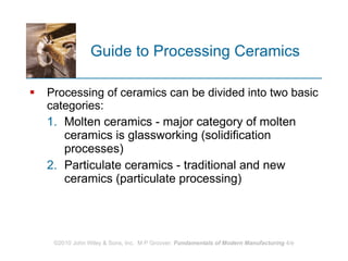 Guide to Processing Ceramics Processing of ceramics can be divided into two basic categories:  Molten ceramics - major category of molten ceramics is glassworking (solidification processes)  Particulate ceramics - traditional and new ceramics (particulate processing) 