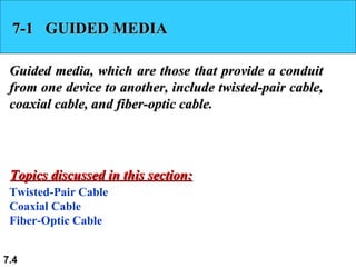 7-1  GUIDED MEDIA Guided media, which are those that provide a conduit from one device to another, include twisted-pair cable, coaxial cable, and fiber-optic cable. Twisted-Pair Cable Coaxial Cable Fiber-Optic Cable Topics discussed in this section: 