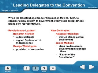 Leading Delegates to the Convention Revolutionary Leaders: Benjamin Franklin oldest delegate signed Declaration of Independence George Washington president of convention New Generation: Alexander Hamilton wanted strong central government James Madison ideas on democratic government influenced others “ Father of the Constitution” Chapter 7, Section 2 When the  Constitutional Convention   met on May 25, 1787, to consider a new system of government, every state except Rhode Island sent representatives.  
