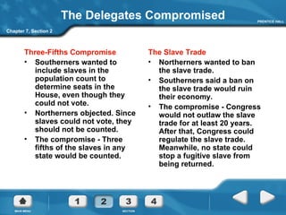 The Delegates Compromised Three-Fifths Compromise Southerners wanted to include slaves in the population count to determine seats in the House, even though they could not vote. Northerners objected. Since slaves could not vote, they should not be counted. The compromise - Three fifths of the slaves in any state would be counted. The Slave Trade Northerners wanted to ban the slave trade. Southerners said a ban on the slave trade would ruin their economy. The compromise - Congress would not outlaw the slave trade for at least 20 years. After that, Congress could regulate the slave trade. Meanwhile, no state could stop a fugitive slave from being returned. Chapter 7, Section 2 