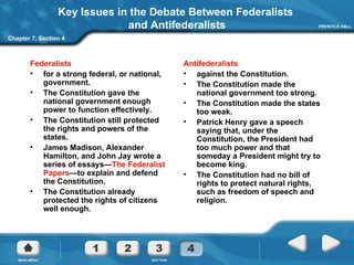 Key Issues in the Debate Between Federalists  and Antifederalists Federalists for a strong federal, or national, government. The Constitution gave the national government enough power to function effectively. The Constitution still protected the rights and powers of the states. James Madison, Alexander Hamilton, and John Jay wrote a series of essays— The Federalist Papers —to explain and defend the Constitution. The Constitution already protected the rights of citizens well enough. Antifederalists against the Constitution. The Constitution made the national government too strong. The Constitution made the states too weak. Patrick Henry gave a speech saying that, under the Constitution, the President had too much power and that someday a President might try to become king. The Constitution had no bill of rights to protect natural rights, such as freedom of speech and religion. Chapter 7, Section 4 