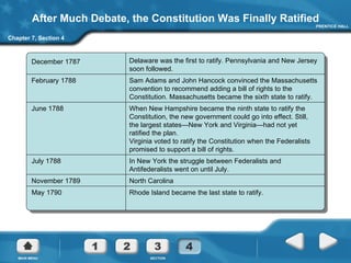 After Much Debate, the Constitution Was Finally Ratified Chapter 7, Section 4 December 1787 Delaware was the first to ratify. Pennsylvania and New Jersey soon followed. February 1788 Sam Adams and John Hancock convinced the Massachusetts convention to recommend adding a bill of rights to the Constitution. Massachusetts became the sixth state to ratify. June 1788 When New Hampshire became the ninth state to ratify the Constitution, the new government could go into effect. Still, the largest states—New York and Virginia—had not yet ratified the plan. Virginia voted to ratify the Constitution when the Federalists promised to support a bill of rights. July 1788 In New York the struggle between Federalists and Antifederalists went on until July. November 1789 North Carolina May 1790 Rhode Island became the last state to ratify. 