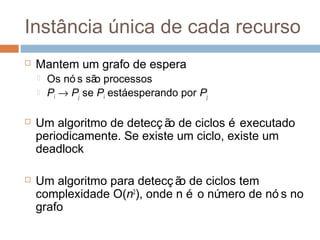Instância única de cada recurso
 Mantem um grafo de espera
 Os nó s são processos
 Pi → Pj se Pi estáesperando por Pj
 Um algoritmo de detecç ão de ciclos é executado
periodicamente. Se existe um ciclo, existe um
deadlock
 Um algoritmo para detecç ão de ciclos tem
complexidade O(n2
), onde n é o número de nó s no
grafo
 
