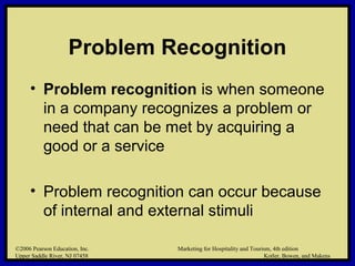 ©2006 Pearson Education, Inc. Marketing for Hospitality and Tourism, 4th edition
Upper Saddle River, NJ 07458 Kotler, Bowen, and Makens
Problem Recognition
• Problem recognition is when someone
in a company recognizes a problem or
need that can be met by acquiring a
good or a service
• Problem recognition can occur because
of internal and external stimuli
©2006 Pearson Education, Inc. Marketing for Hospitality and Tourism, 4th edition
Upper Saddle River, NJ 07458 Kotler, Bowen, and Makens
 