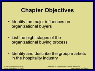 ©2006 Pearson Education, Inc. Marketing for Hospitality and Tourism, 4th edition
Upper Saddle River, NJ 07458 Kotler, Bowen, and Makens
Chapter Objectives
• Identify the major influences on
organizational buyers
• List the eight stages of the
organizational buying process
• Identify and describe the group markets
in the hospitality industry
©2006 Pearson Education, Inc. Marketing for Hospitality and Tourism, 4th edition
Upper Saddle River, NJ 07458 Kotler, Bowen, and Makens
 