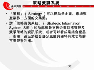 36 
YӍϵy 
? ԡStrategyҕIЈc 
aIĽc 
? ^YӍϵyStrategic Information 
System, SISĹܾ֧ԮIĿ˹ 
ԵYӍϵy߿ԿǽYϮaƷ 
Ј춽YϲLUcЧܵ 
Ј 
 