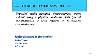 7.22
7-2 UNGUIDED MEDIA: WIRELESS7-2 UNGUIDED MEDIA: WIRELESS
Unguided media transport electromagnetic wavesUnguided media transport electromagnetic waves
without using a physical conductor. This type ofwithout using a physical conductor. This type of
communication is often referred to as wirelesscommunication is often referred to as wireless
communication.communication.
Radio Waves
Microwaves
Infrared
Topics discussed in this section:Topics discussed in this section:
 