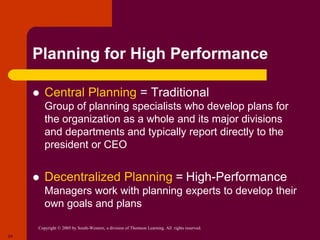 Copyright © 2005 by South-Western, a division of Thomson Learning. All rights reserved.
24
Planning for High Performance
 Central Planning = Traditional Department
Group of planning specialists who develop plans for
the organization as a whole and its major divisions
and departments and typically report directly to the
president or CEO
 Decentralized Planning = High-Performance
Managers work with planning experts to develop their
own goals and plans
 