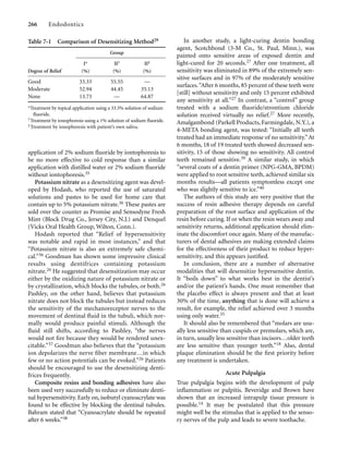 application of 2% sodium ﬂuoride by iontophoresis to
be no more effective to cold response than a similar
application with distilled water or 2% sodium ﬂuoride
without iontophoresis.35
Potassium nitrate as a desensitizing agent was devel-
oped by Hodash, who reported the use of saturated
solutions and pastes to be used for home care that
contain up to 5% potassium nitrate.36 These pastes are
sold over the counter as Promise and Sensodyne Fresh
Mint (Block Drug Co., Jersey City, N.J.) and Denquel
(Vicks Oral Health Group, Wilton, Conn.).
Hodash reported that “Relief of hypersensitivity
was notable and rapid in most instances,” and that
“Potassium nitrate is also an extremely safe chemi-
cal.”36 Goodman has shown some impressive clinical
results using dentifrices containing potassium
nitrate.26 He suggested that desensitization may occur
either by the oxidizing nature of potassium nitrate or
by crystallization, which blocks the tubules, or both.26
Pashley, on the other hand, believes that potassium
nitrate does not block the tubules but instead reduces
the sensitivity of the mechanoreceptor nerves to the
movement of dentinal ﬂuid in the tubuli, which nor-
mally would produce painful stimuli. Although the
ﬂuid still shifts, according to Pashley, “the nerves
would not ﬁre because they would be rendered unex-
citable.”37 Goodman also believes that the “potassium
ion depolarizes the nerve ﬁber membrane…in which
few or no action potentials can be evoked.”26 Patients
should be encouraged to use the desensitizing denti-
frices frequently.
Composite resins and bonding adhesives have also
been used very successfully to reduce or eliminate denti-
nal hypersensitivity. Early on, isobutyl cyanoacrylate was
found to be effective by blocking the dentinal tubules.
Bahram stated that “Cyanoacrylate should be repeated
after 6 weeks.”38
266 Endodontics
In another study, a light-curing dentin bonding
agent, Scotchbond (3-M Co., St. Paul, Minn.), was
painted onto sensitive areas of exposed dentin and
light-cured for 20 seconds.27 After one treatment, all
sensitivity was eliminated in 89% of the extremely sen-
sitive surfaces and in 97% of the moderately sensitive
surfaces.“After 6 months, 85 percent of these teeth were
[still] without sensitivity and only 15 percent exhibited
any sensitivity at all.”27 In contrast, a “control” group
treated with a sodium ﬂuoride/strontium chloride
solution received virtually no relief.27 More recently,
Amalgambond (Parkell Products, Farmingdale, N.Y.), a
4-META bonding agent, was tested: “Initially all teeth
treated had an immediate response of no sensitivity.”At
6 months, 18 of 19 treated teeth showed decreased sen-
sitivity, 15 of those showing no sensitivity. All control
teeth remained sensitive.39 A similar study, in which
“several coats of a dentin primer (NPG-GMA, BPDM)
were applied to root sensitive teeth, achieved similar six
months results—all patients symptomless except one
who was slightly sensitive to ice.”40
The authors of this study are very positive that the
success of resin adhesive therapy depends on careful
preparation of the root surface and application of the
resin before curing. If or when the resin wears away and
sensitivity returns, additional application should elim-
inate the discomfort once again. Many of the manufac-
turers of dental adhesives are making extended claims
for the effectiveness of their product to reduce hyper-
sensitivity, and this appears justiﬁed.
In conclusion, there are a number of alternative
modalities that will desensitize hypersensitive dentin.
It “boils down” to what works best in the dentist’s
and/or the patient’s hands. One must remember that
the placebo effect is always present and that at least
30% of the time, anything that is done will achieve a
result, for example, the relief achieved over 3 months
using only water.35
It should also be remembered that “molars are usu-
ally less sensitive than cuspids or premolars, which are,
in turn, usually less sensitive than incisors…older teeth
are less sensitive than younger teeth.”18 Also, dental
plaque elimination should be the ﬁrst priority before
any treatment is undertaken.
Acute Pulpalgia
True pulpalgia begins with the development of pulp
inﬂammation or pulpitis. Beveridge and Brown have
shown that an increased intrapulp tissue pressure is
possible.14 It may be postulated that this pressure
might well be the stimulus that is applied to the senso-
ry nerves of the pulp and leads to severe toothache.
Table 7-1 Comparison of Desensitizing Method29
Group
I* II† II‡
Degree of Relief (%) (%) (%)
Good 33.33 55.55 —
Moderate 52.94 44.45 35.13
None 13.73 — 64.87
*Treatment by topical application using a 33.3% solution of sodium
ﬂuoride.
†Treatment by ionophoresis using a 1% solution of sodium ﬂuoride.
‡Treatment by ionophoresis with patient’s own saliva.
 