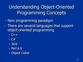 54
Understanding Object-Oriented
Programming Concepts
■ New programming paradigm
■ There are several languages that support
object-oriented programming
■ C++
■ C#
■ Java
■ Perl 6.0
■ Object Cobol
 