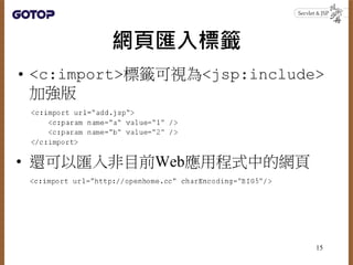 網頁匯入標籤
• <c:import>標籤可視為<jsp:include>
加強版
• 還可以匯入非目前Web應用程式中的網頁
15
 