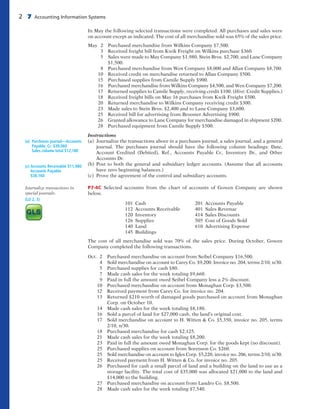 2 7 Accounting Information Systems
In May the following selected transactions were completed. All purchases and sales were
on account except as indicated. The cost of all merchandise sold was 65% of the sales price.
May 2 Purchased merchandise from Wilkins Company $7,500.
3 Received freight bill from Kwik Freight on Wilkins purchase $360.
5 Sales were made to May Company $1,980, Stein Bros. $2,700, and Lane Company
$1,500.
8 Purchased merchandise from Wen Company $8,000 and Allan Company $8,700.
10 Received credit on merchandise returned to Allan Company $500.
15 Purchased supplies from Camile Supply $900.
16 Purchased merchandise from Wilkins Company $4,500, and Wen Company $7,200.
17 Returned supplies to Camile Supply, receiving credit $100. (Hint: Credit Supplies.)
18 Received freight bills on May 16 purchases from Kwik Freight $500.
20 Returned merchandise to Wilkins Company receiving credit $300.
23 Made sales to Stein Bros. $2,400 and to Lane Company $3,600.
25 Received bill for advertising from Brooster Advertising $900.
26 Granted allowance to Lane Company for merchandise damaged in shipment $200.
28 Purchased equipment from Camile Supply $500.
Instructions
(a) Journalize the transactions above in a purchases journal, a sales journal, and a general
journal. The purchases journal should have the following column headings: Date,
Account  Credited (Debited), Ref., Accounts Payable Cr., Inventory Dr., and Other
Accounts Dr.
(b) Post to both the general and subsidiary ledger accounts. (Assume that all accounts
have zero beginning balances.)
(c) Prove the agreement of the control and subsidiary accounts.
P7-4C Selected accounts from the chart of accounts of Gowen Company are shown
below.
101 Cash 201 Accounts Payable
112 Accounts Receivable 401 Sales Revenue
120 Inventory 414 Sales Discounts
126 Supplies 505 Cost of Goods Sold
140 Land 610 Advertising Expense
145 Buildings
The cost of all merchandise sold was 70% of the sales price. During October, Gowen
Company completed the following transactions.
Oct. 2 Purchased merchandise on account from Seibel Company $16,500.
4 Sold merchandise on account to Carey Co. $9,200. Invoice no. 204, terms 2/10, n/30.
5 Purchased supplies for cash $80.
7 Made cash sales for the week totaling $9,660.
9 Paid in full the amount owed Seibel Company less a 2% discount.
10 Purchased merchandise on account from Monaghan Corp. $3,500.
12 Received payment from Carey Co. for invoice no. 204.
13 Returned $210 worth of damaged goods purchased on account from Monaghan
Corp. on October 10.
14 Made cash sales for the week totaling $8,180.
16 Sold a parcel of land for $27,000 cash, the land’s original cost.
17 Sold merchandise on account to H. Witten & Co. $5,350, invoice no. 205, terms
2/10, n/30.
18 Purchased merchandise for cash $2,125.
21 Made cash sales for the week totaling $8,200.
23 Paid in full the amount owed Monaghan Corp. for the goods kept (no discount).
25 Purchased supplies on account from Sorenson Co. $260.
25 Sold merchandise on account to Igles Corp. $5,220, invoice no. 206, terms 2/10, n/30.
25 Received payment from H. Witten & Co. for invoice no. 205.
26 Purchased for cash a small parcel of land and a building on the land to use as a
storage facility. The total cost of $35,000 was allocated $21,000 to the land and
$14,000 to the building.
27 Purchased merchandise on account from Landro Co. $8,500.
28 Made cash sales for the week totaling $7,540.
(a) Purchases journal—Accounts
Payable, Cr. $39,060
Sales column total $12,180
(c) Accounts Receivable $11,980
Accounts Payable
$38,160
Journalize transactions in
special journals.
(LO 2, 3)
 