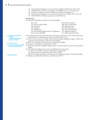 4 7 Accounting Information Systems
16 Purchased merchandise on account from J. Mckay $2,400, terms 2/10, n/30.
17 Paid $29,700 to P. Knotts in payment of $30,000 invoice, less 1% discount.
20 A. Winsor withdrew cash of $1,100 from business for personal use.
21 Purchased merchandise on account from G. Sigel for $7,800, terms 1/10, n/30.
28 Paid $2,400 to J. Mckay in payment of $2,400 invoice.
Instructions
(a) Open the following accounts in the general ledger.
101 Cash 301 Owner’s Capital
112 Accounts Receivable 306 Owner’s Drawings
120 Inventory 401 Sales Revenue
126 Supplies 414 Sales Discounts
157 Equipment 505 Cost of Goods Sold
158 Accumulated Depreciation—Equipment 631 Supplies Expense
201 Accounts Payable 711 Depreciation Expense
(b) Journalize the transactions that have not been journalized in a one-column purchases
journal and the cash payments journal (see Illustration 7-16).
(c) Post to the accounts receivable and accounts payable subsidiary ledgers. Follow the
sequence of transactions as shown in the problem.
(d) Post the individual entries and totals to the general ledger.
(e) Prepare a trial balance at February 28, 2017.
(f) Determine that the subsidiary ledgers agree with the control accounts in the general
ledger.
(g) The following adjustments at the end of February are necessary.
(1) A count of supplies indicates that $300 is still on hand.
(2) Depreciation on equipment for February is $200.
Prepare the adjusting entries and then post the adjusting entries to the general ledger.
(h) Prepare an adjusted trial balance at February 28, 2017.
(b) Purchases journal total
$44,800
Cash payments journal—
Cash, Cr. $45,958
(e) Totals $71,300
(f) Accounts Receivable $15,000
Accounts Payable $7,800
(h) Totals $71,500
 