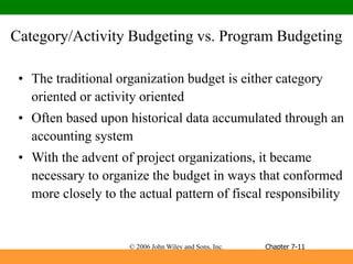 © 2006 John Wiley and Sons, Inc.
Category/Activity Budgeting vs. Program Budgeting
• The traditional organization budget is either category
oriented or activity oriented
• Often based upon historical data accumulated through an
accounting system
• With the advent of project organizations, it became
necessary to organize the budget in ways that conformed
more closely to the actual pattern of fiscal responsibility
Chapter 7-11
 