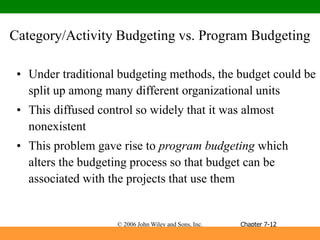 © 2006 John Wiley and Sons, Inc.
Category/Activity Budgeting vs. Program Budgeting
• Under traditional budgeting methods, the budget could be
split up among many different organizational units
• This diffused control so widely that it was almost
nonexistent
• This problem gave rise to program budgeting which
alters the budgeting process so that budget can be
associated with the projects that use them
Chapter 7-12
 