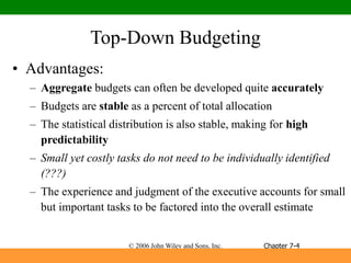 © 2006 John Wiley and Sons, Inc.
Top-Down Budgeting
• Advantages:
– Aggregate budgets can often be developed quite accurately
– Budgets are stable as a percent of total allocation
– The statistical distribution is also stable, making for high
predictability
– Small yet costly tasks do not need to be individually identified
(???)
– The experience and judgment of the executive accounts for small
but important tasks to be factored into the overall estimate
Chapter 7-4
 