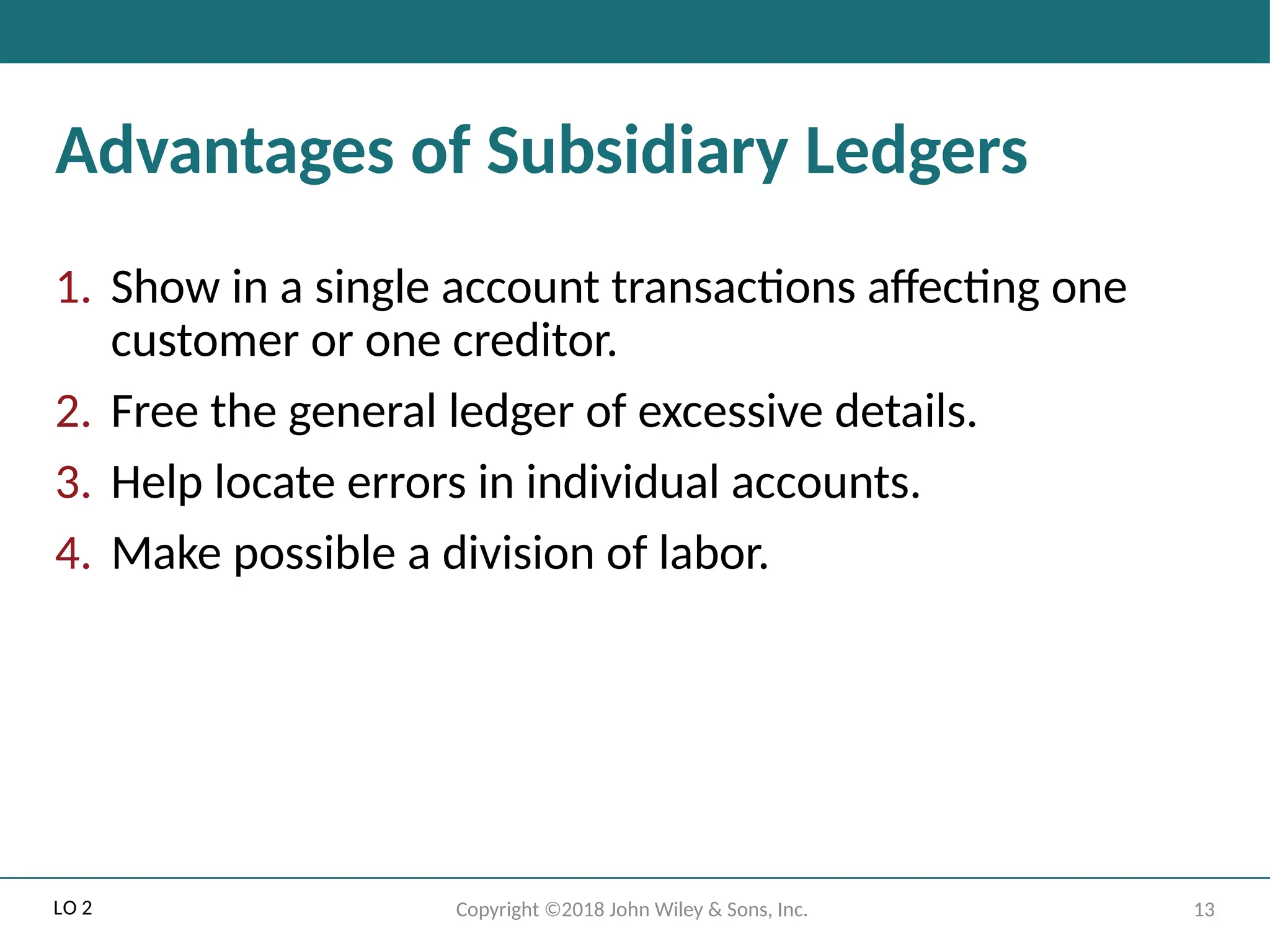 13
Copyright ©2018 John Wiley & Sons, Inc.
Advantages of Subsidiary Ledgers
1. Show in a single account transactions affecting one
customer or one creditor.
2. Free the general ledger of excessive details.
3. Help locate errors in individual accounts.
4. Make possible a division of labor.
LO 2
 