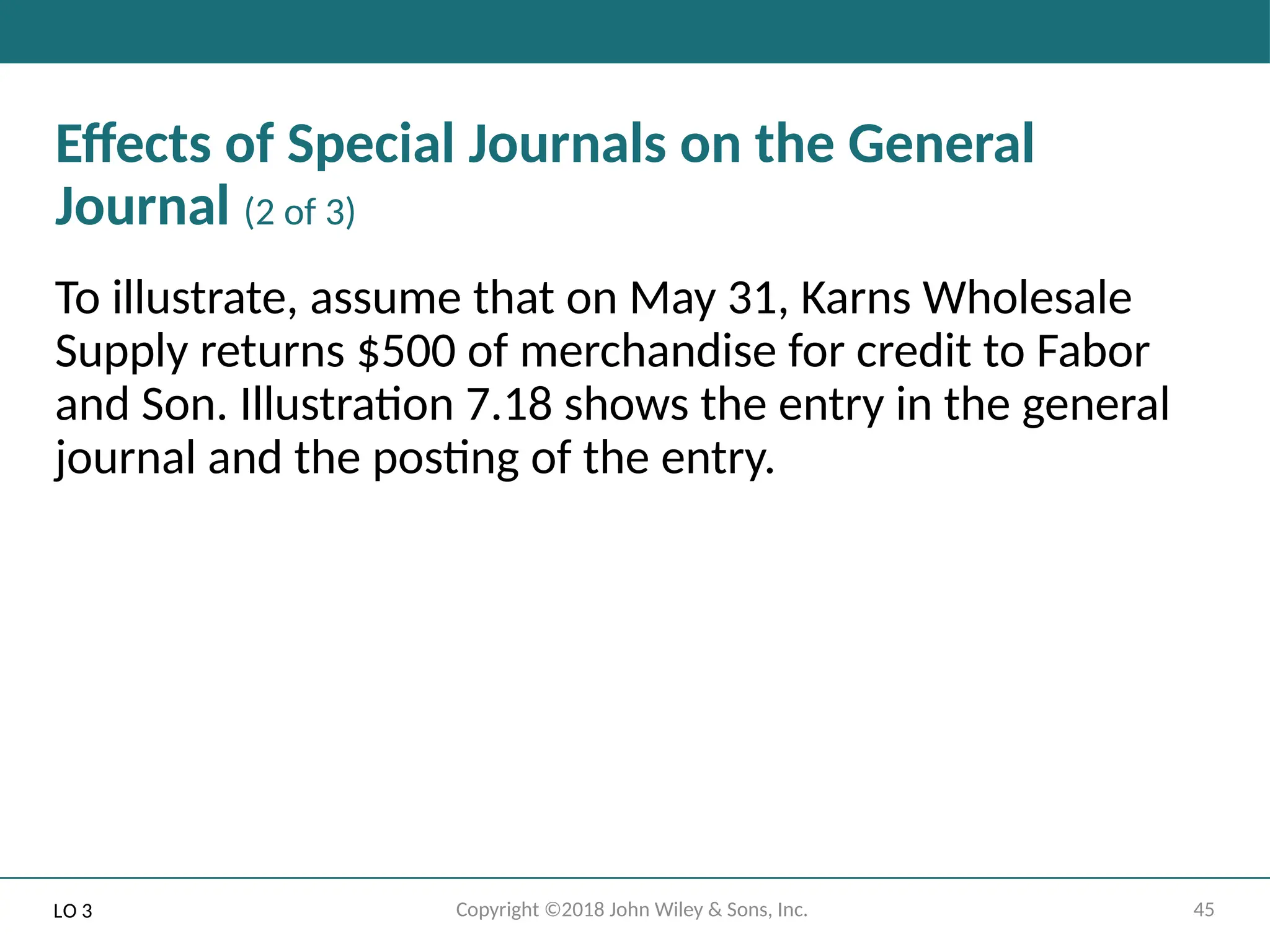 45
Copyright ©2018 John Wiley & Sons, Inc.
Effects of Special Journals on the General
Journal (2 of 3)
To illustrate, assume that on May 31, Karns Wholesale
Supply returns $500 of merchandise for credit to Fabor
and Son. Illustration 7.18 shows the entry in the general
journal and the posting of the entry.
LO 3
 