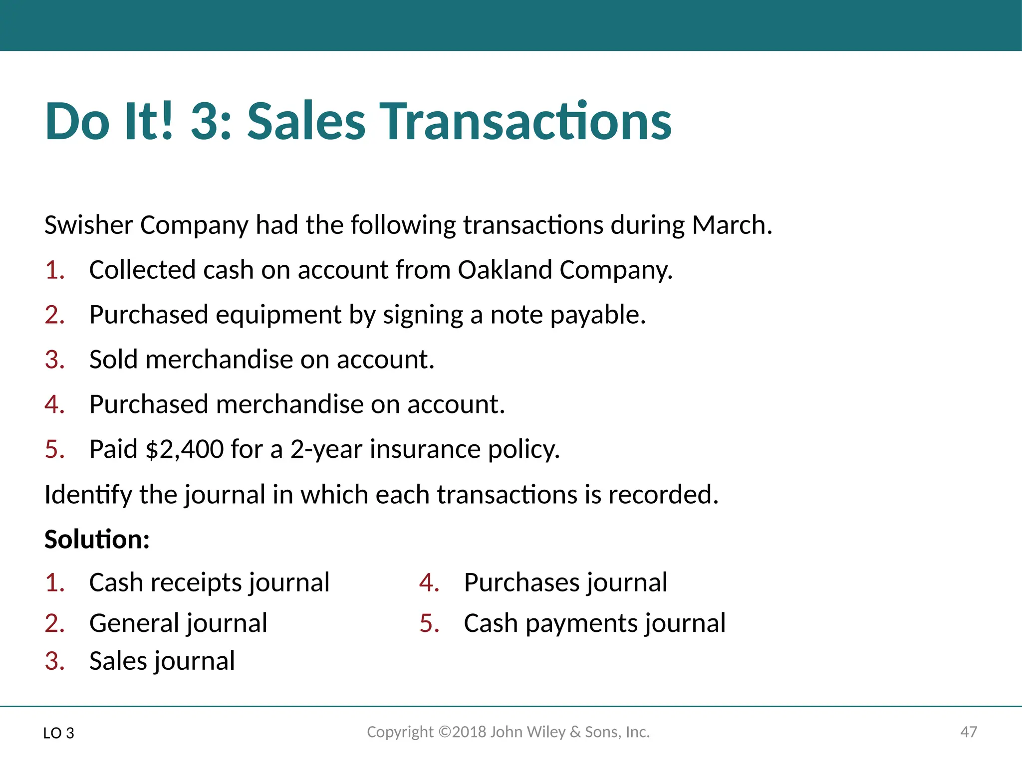 47
Copyright ©2018 John Wiley & Sons, Inc.
Do It! 3: Sales Transactions
Swisher Company had the following transactions during March.
1. Collected cash on account from Oakland Company.
2. Purchased equipment by signing a note payable.
3. Sold merchandise on account.
4. Purchased merchandise on account.
5. Paid $2,400 for a 2-year insurance policy.
Identify the journal in which each transactions is recorded.
Solution:
1. Cash receipts journal
2. General journal
3. Sales journal
4. Purchases journal
5. Cash payments journal
LO 3
 