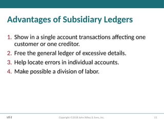 13
Copyright ©2018 John Wiley & Sons, Inc.
Advantages of Subsidiary Ledgers
1. Show in a single account transactions affecting one
customer or one creditor.
2. Free the general ledger of excessive details.
3. Help locate errors in individual accounts.
4. Make possible a division of labor.
LO 2
 