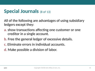 35
Copyright ©2018 John Wiley & Sons, Inc.
Special Journals (8 of 13)
All of the following are advantages of using subsidiary
ledgers except they:
a. show transactions affecting one customer or one
creditor in a single account.
b. Free the general ledger of excessive details.
c. Eliminate errors in individual accounts.
d. Make possible a division of labor.
LO 3
 