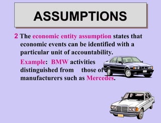 2 The economic entity assumption states that
economic events can be identified with a
particular unit of accountability.
Example: BMW activities can be
distinguished from those of other car
manufacturers such as Mercedes.
ASSUMPTIONS
 